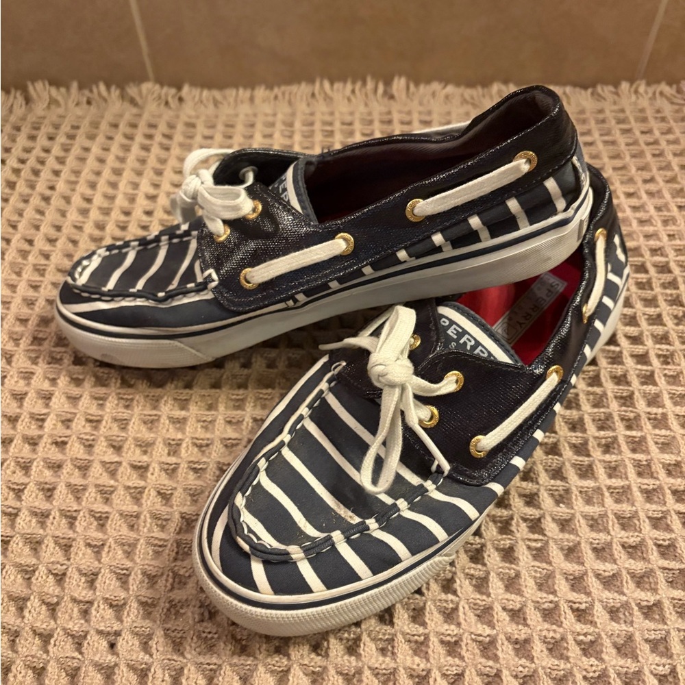 Like New ~ Sperry Navy and White Striped Boat Shoes, Size 7 1/2 (fits 8, 8 1/2)